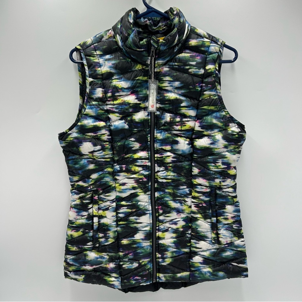 Tangerine Active Puffer Vest Medium NWT Black Multi Color Abstract Print Quilted